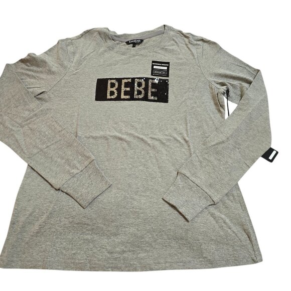bebe Women's Gray Long Sleeve Sequin Embellishment Tee Shirt Large NWT - Picture 3 of 7